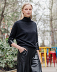 Plush Ribbed - Liquid Leather Cuff Sweater Top - Black