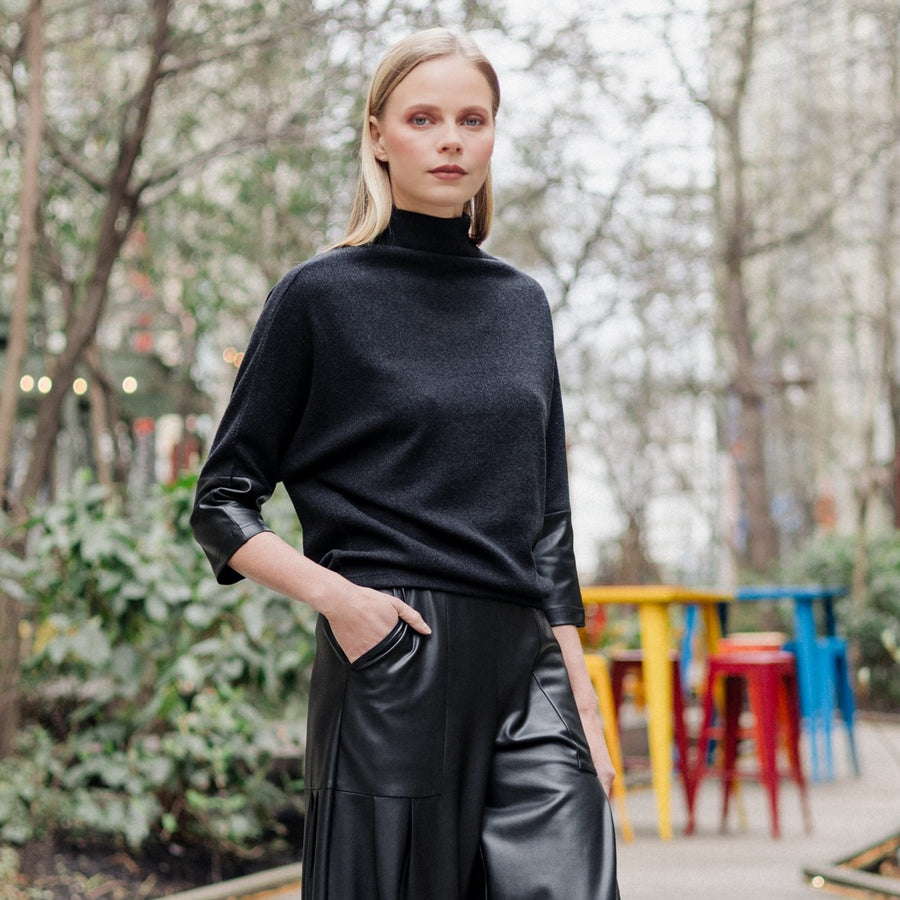 Plush Ribbed - Liquid Leather Cuff Sweater Top - Black