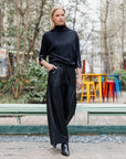 Plush Ribbed - Liquid Leather Cuff Sweater Top - Black