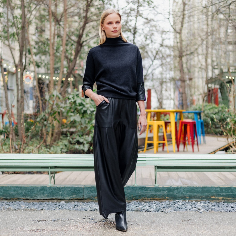 Plush Ribbed - Liquid Leather Cuff Sweater Top - Black