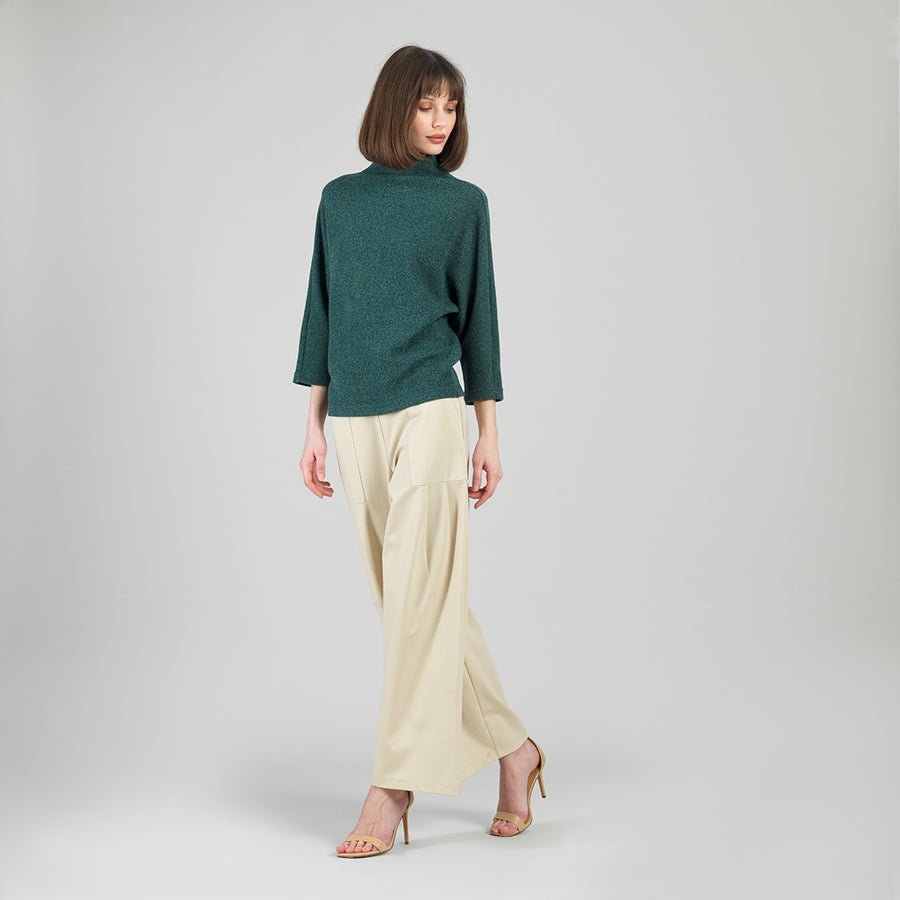 Plush Ribbed - Ribbed Funnel Neck Sweater Top - Hunter Green