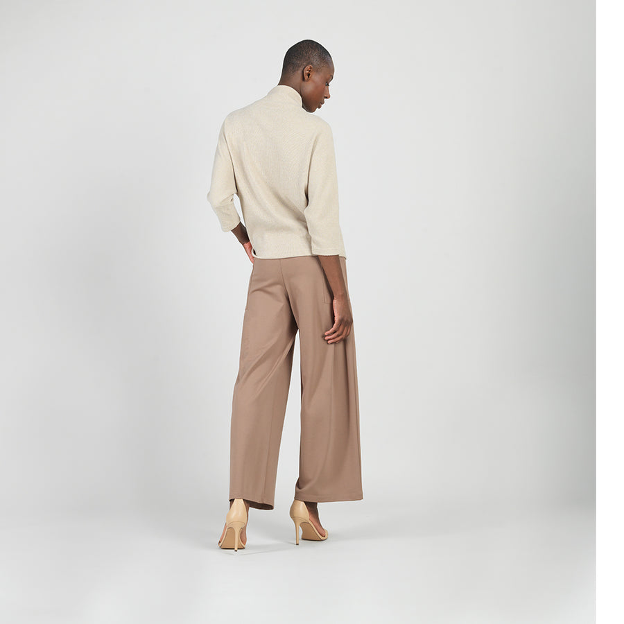 Plush Ribbed - Ribbed Funnel Neck Sweater Top - Natural
