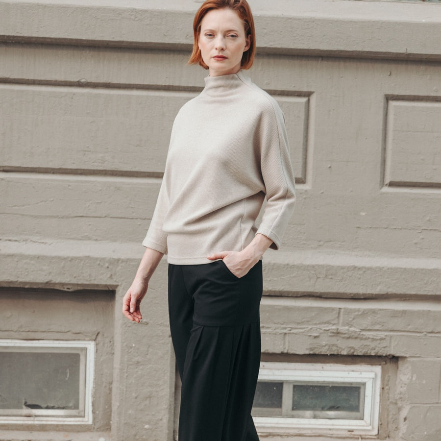 Plush Ribbed - Funnel Neck Sweater Top - Natural