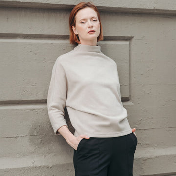 Plush Ribbed - Funnel Neck Sweater Top - Natural