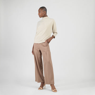 Plush Ribbed - Ribbed Funnel Neck Sweater Top - Natural
