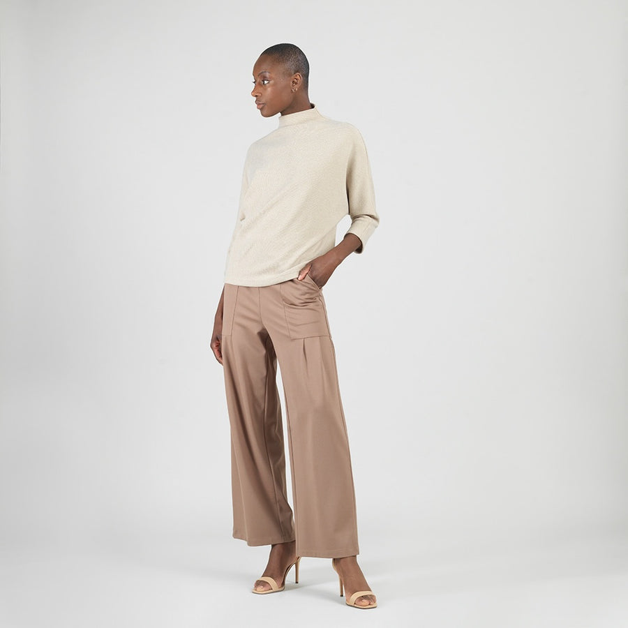 Plush Ribbed - Ribbed Funnel Neck Sweater Top - Natural