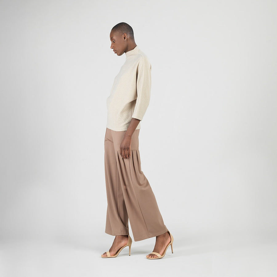 Plush Ribbed - Ribbed Funnel Neck Sweater Top - Natural