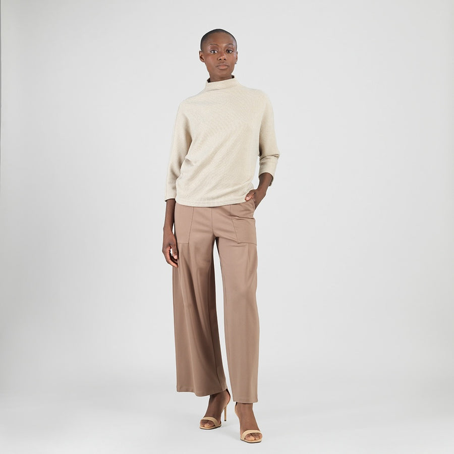 Plush Ribbed - Ribbed Funnel Neck Sweater Top - Natural