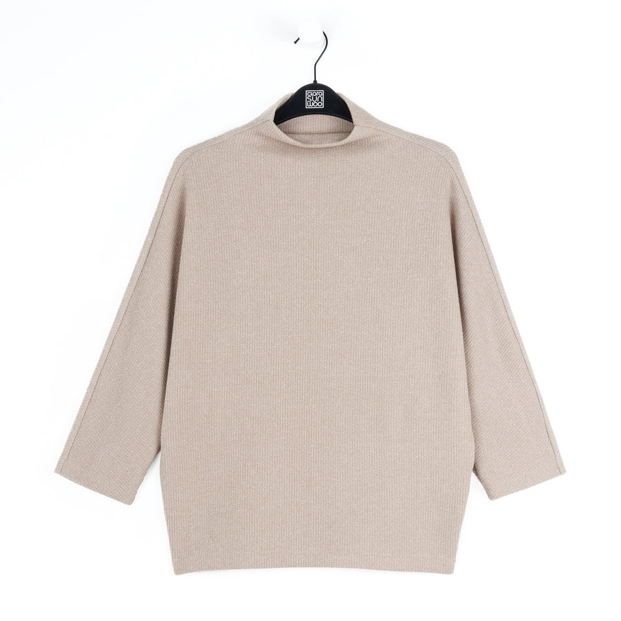 Plush Ribbed - Ribbed Funnel Neck Sweater Top - Natural