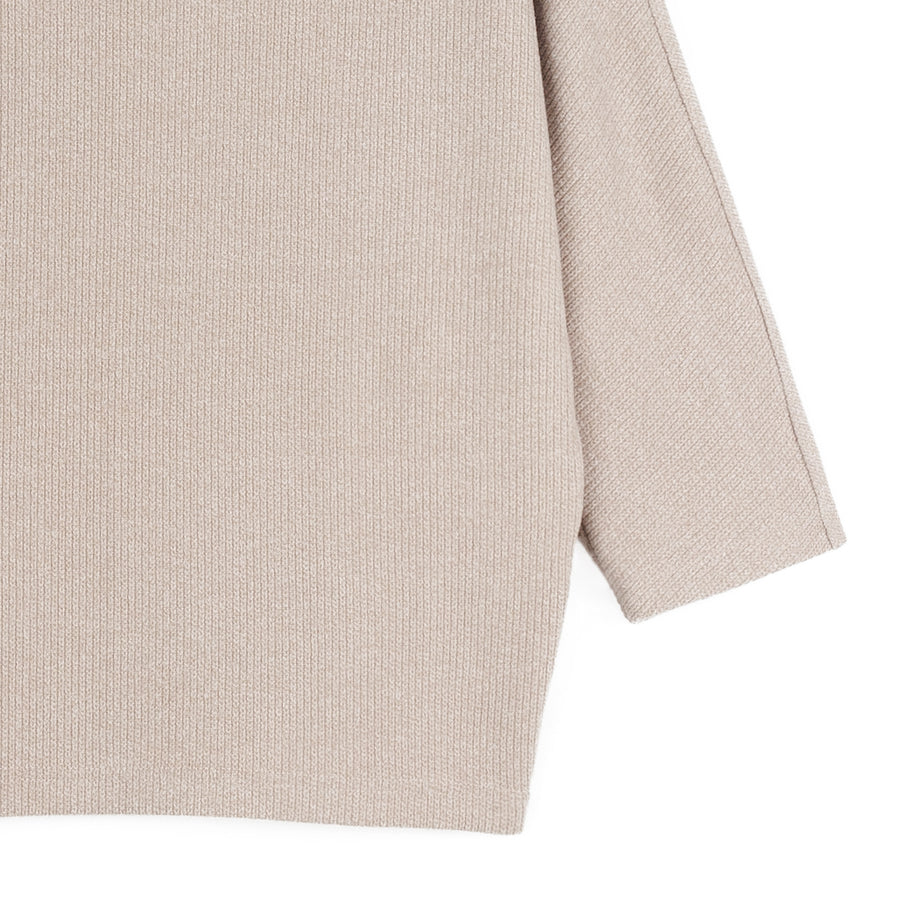 Plush Ribbed - Ribbed Funnel Neck Sweater Top - Natural