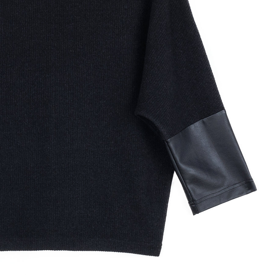 Plush Ribbed - Liquid Leather Cuff Sweater Top - Black