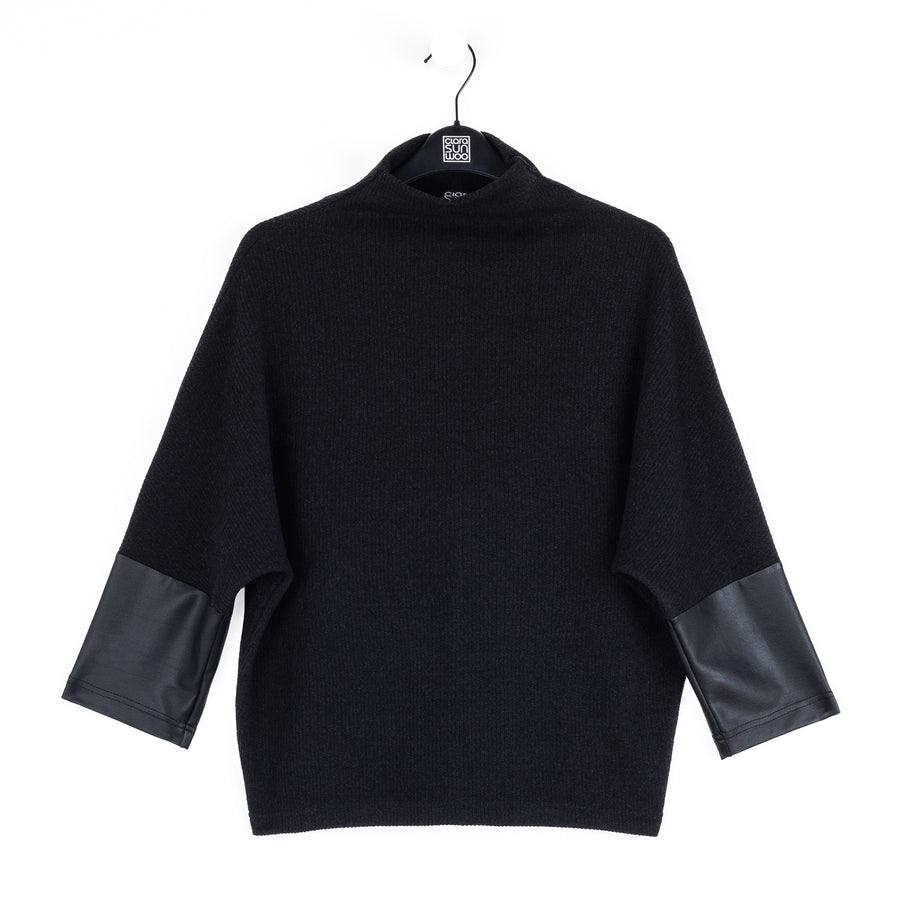 Plush Ribbed - Liquid Leather Cuff Sweater Top - Black