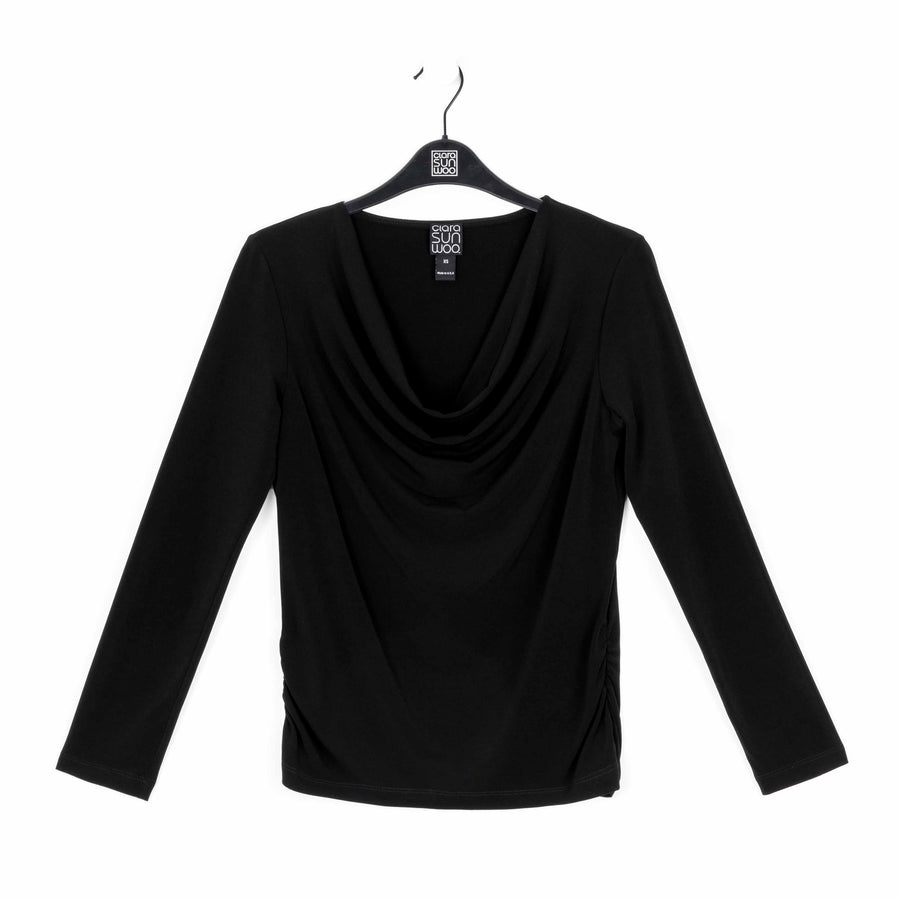 Cowl Neck Side Ruched Top - Black