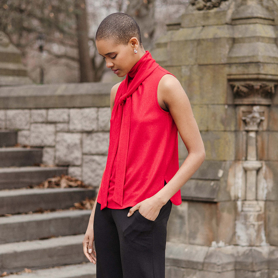 Glimmer Speck - Mock Neck-Tie Detail Top - Red - Final Sale