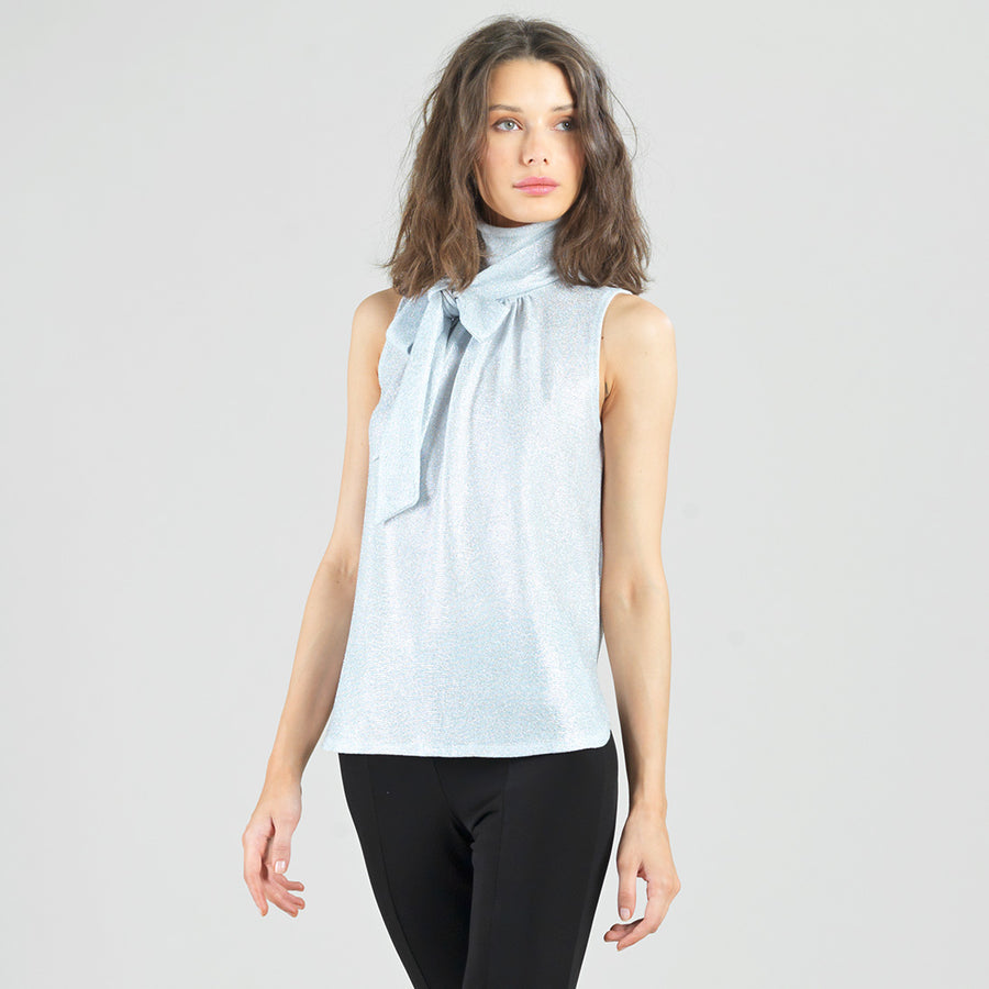 Glitter Foil - Mock Neck-Tie Detail Top - Silver