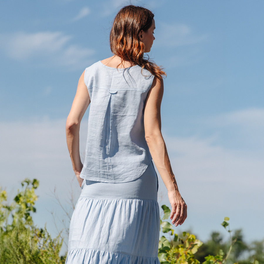 Soft Cotton - Back Pleat Henley Tank - Powder Blue – Clara Sunwoo