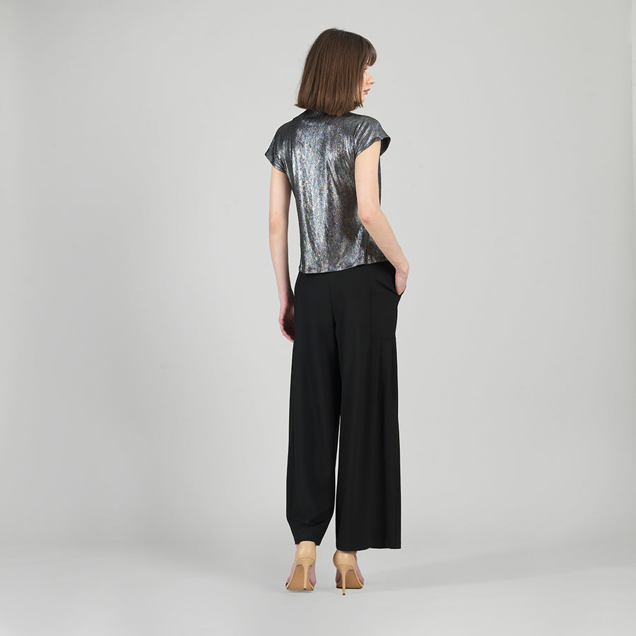 Metallic Shimmer - Drape Neck Loop Front Top - Gunmetal