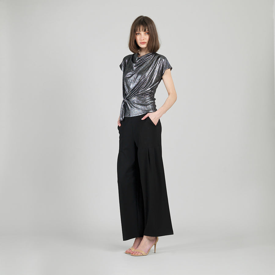 Metallic Shimmer - Drape Neck Loop Front Top - Gunmetal