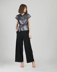 Metallic Shimmer - Drape Neck Loop Front Top - Gunmetal