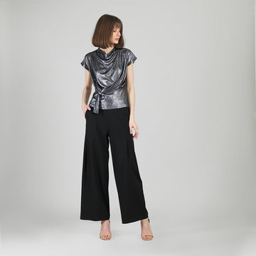Metallic Shimmer - Drape Neck Loop Front Top - Gunmetal