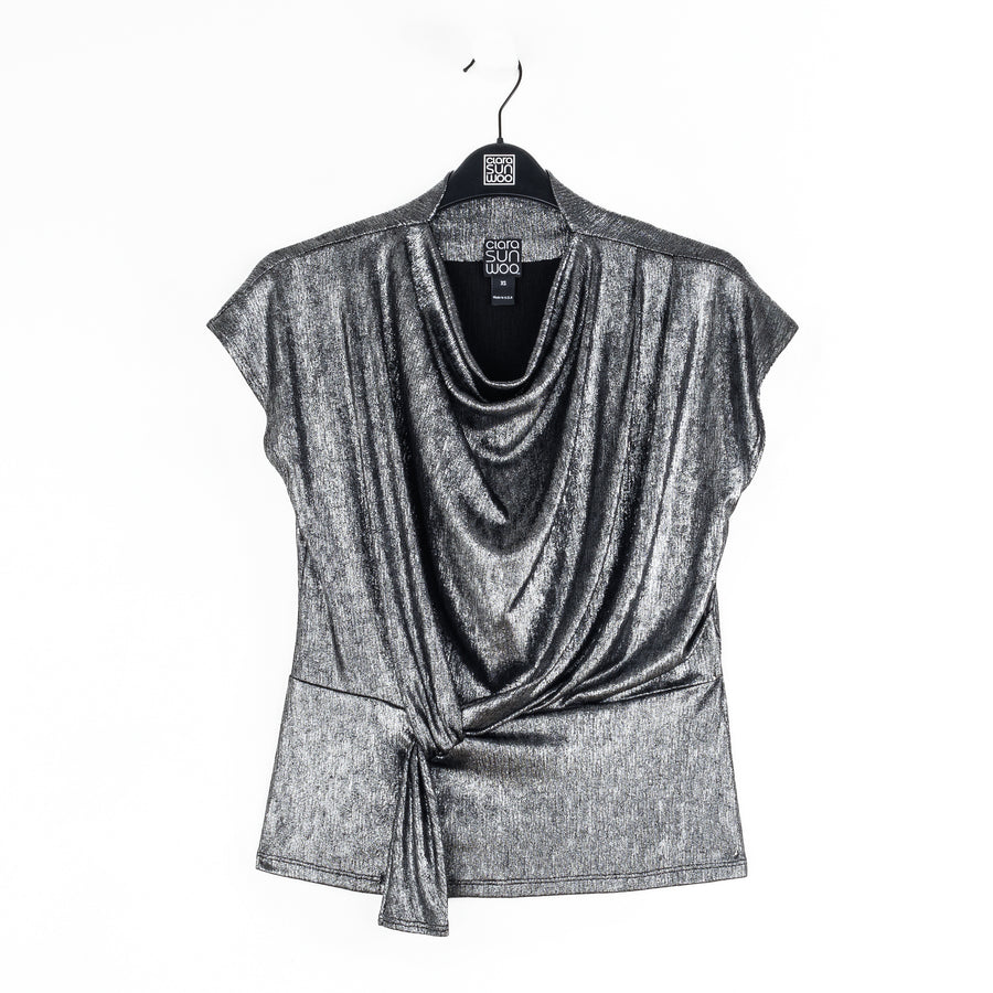 Metallic Shimmer - Drape Neck Loop Front Top - Gunmetal