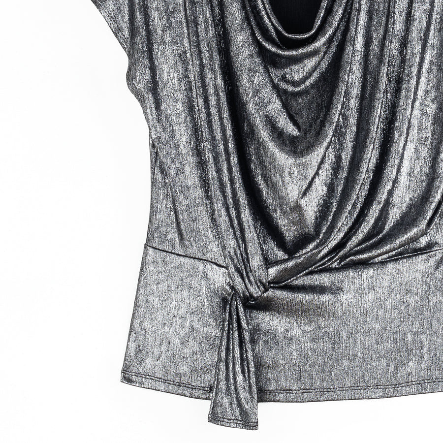 Metallic Shimmer - Drape Neck Loop Front Top - Gunmetal