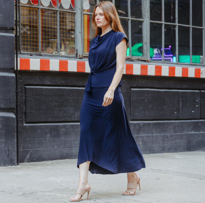 Cascade Drape Hi-Low Maxi Skirt - Navy – Clara Sunwoo
