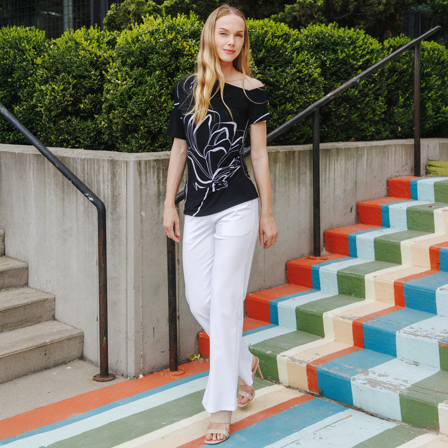 Angular Drape Neck Off Shoulder Top - Floral Outline - Limited