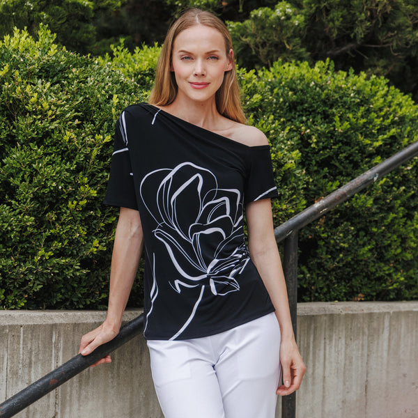 Angular Drape Neck Off Shoulder Top - Floral Outline - Limited
