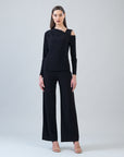 Angular Neck Open Shoulder Top - Black