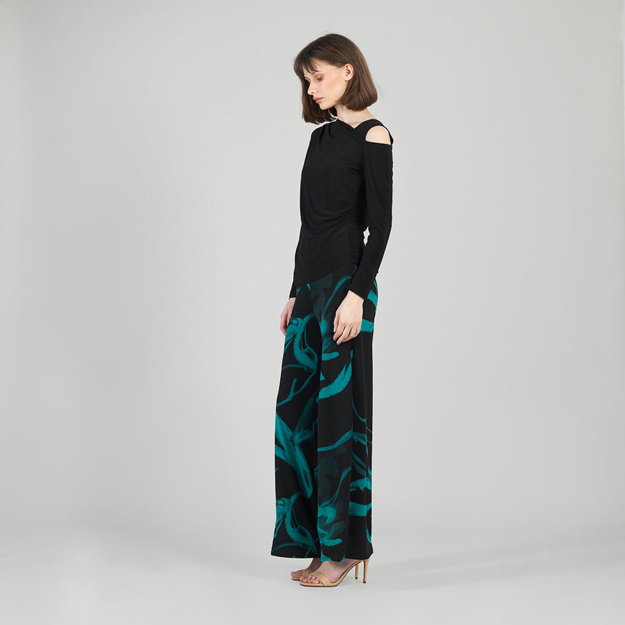 Angular Drape Neck Open Shoulder Top - Black