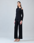 Angular Neck Open Shoulder Top - Black