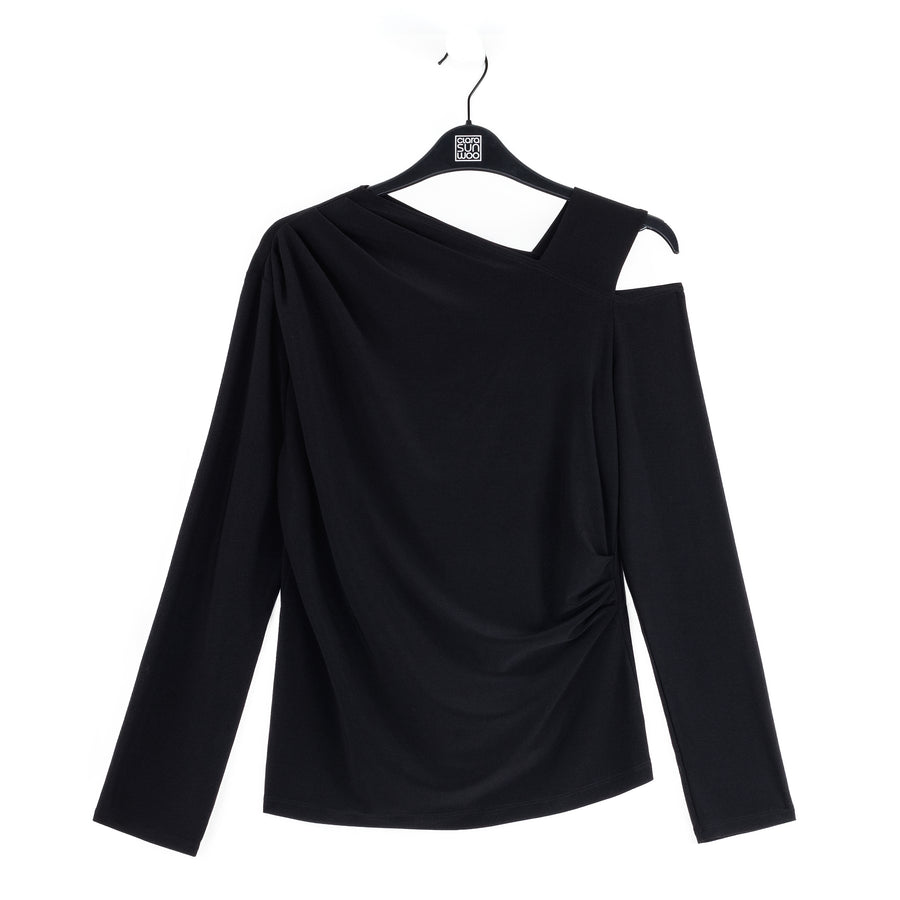 Angular Drape Neck Open Shoulder Top - Black