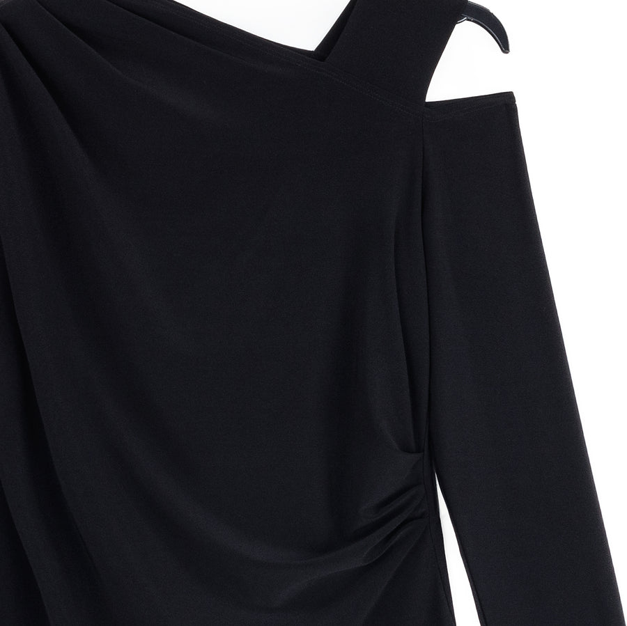 Angular Drape Neck Open Shoulder Top - Black