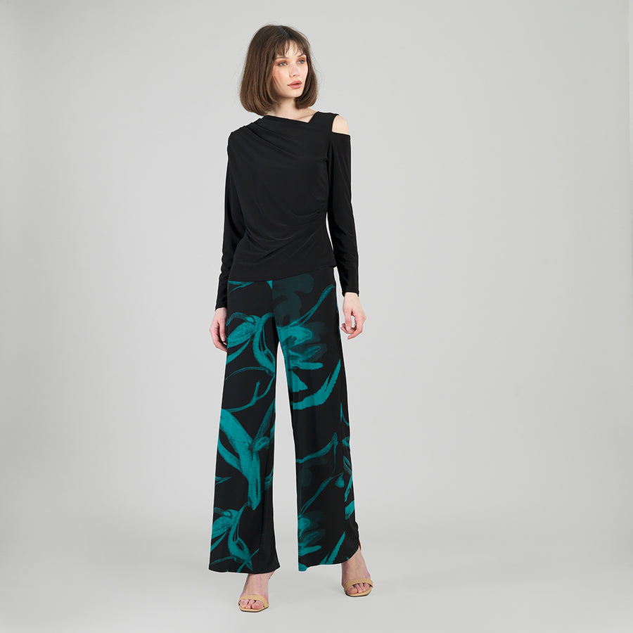 Angular Drape Neck Open Shoulder Top - Black