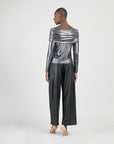 Metallic Shimmer - Ruched Off-Shoulder Top - Gunmetal