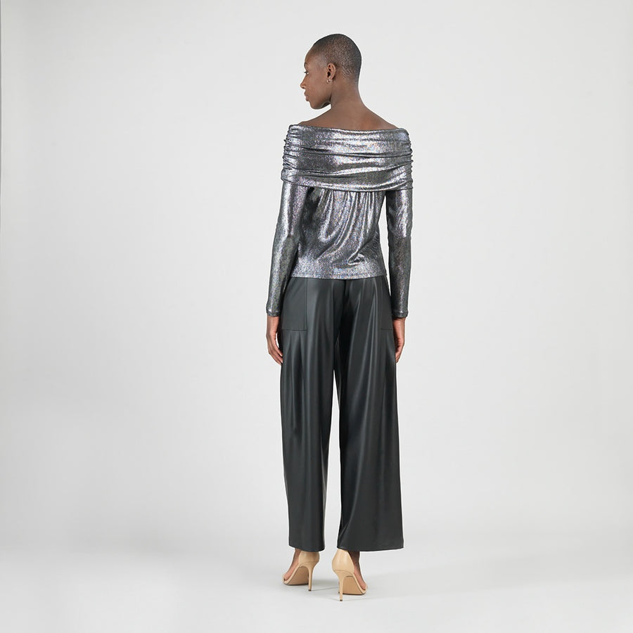 Metallic Shimmer - Ruched Off-Shoulder Top - Gunmetal