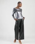 Metallic Shimmer - Ruched Off-Shoulder Top - Gunmetal