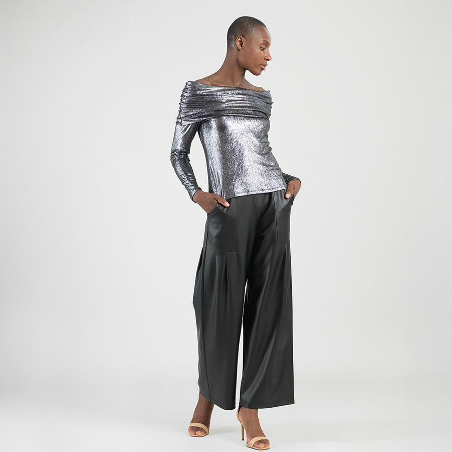 Metallic Shimmer - Ruched Off-Shoulder Top - Gunmetal