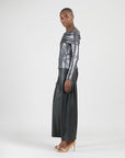 Metallic Shimmer - Ruched Off-Shoulder Top - Gunmetal