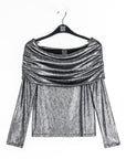 Metallic Shimmer - Ruched Off-Shoulder Top - Gunmetal