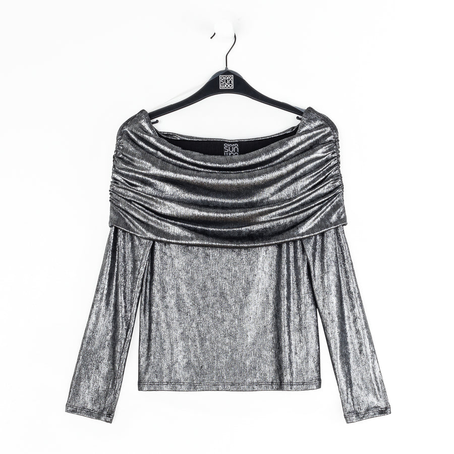 Metallic Shimmer - Ruched Off-Shoulder Top - Gunmetal