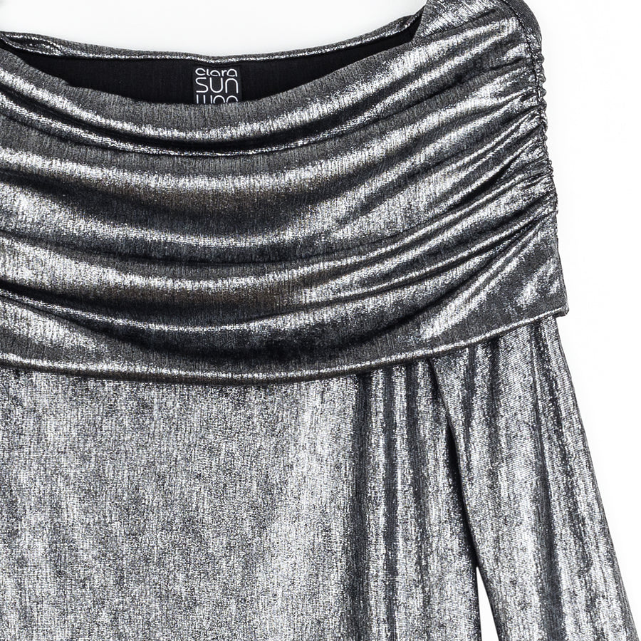 Metallic Shimmer - Ruched Off-Shoulder Top - Gunmetal