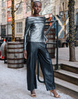 Metallic Shimmer - Ruched Off-Shoulder Top - Gunmetal