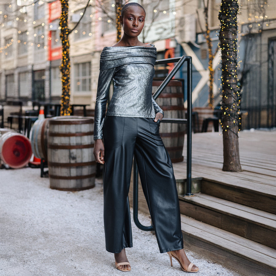 Metallic Shimmer - Ruched Off-Shoulder Top - Gunmetal