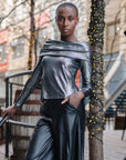 Metallic Shimmer - Ruched Off-Shoulder Top - Gunmetal