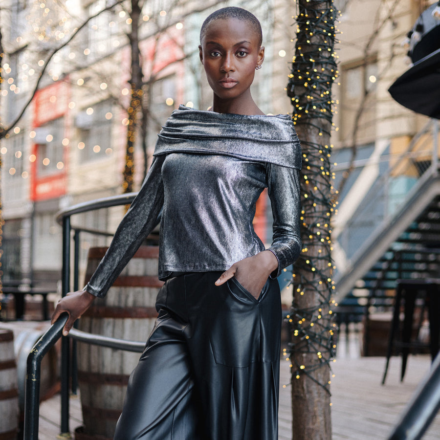 Metallic Shimmer - Ruched Off-Shoulder Top - Gunmetal