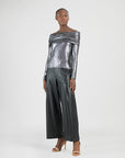 Metallic Shimmer - Ruched Off-Shoulder Top - Gunmetal
