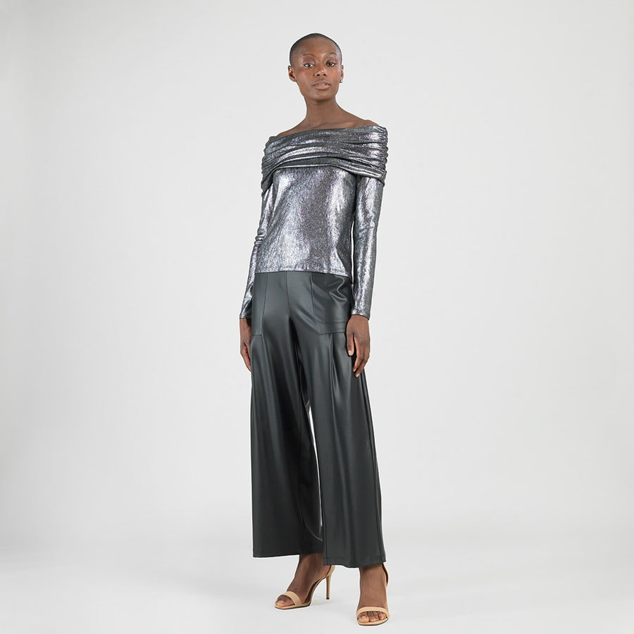 Metallic Shimmer - Ruched Off-Shoulder Top - Gunmetal
