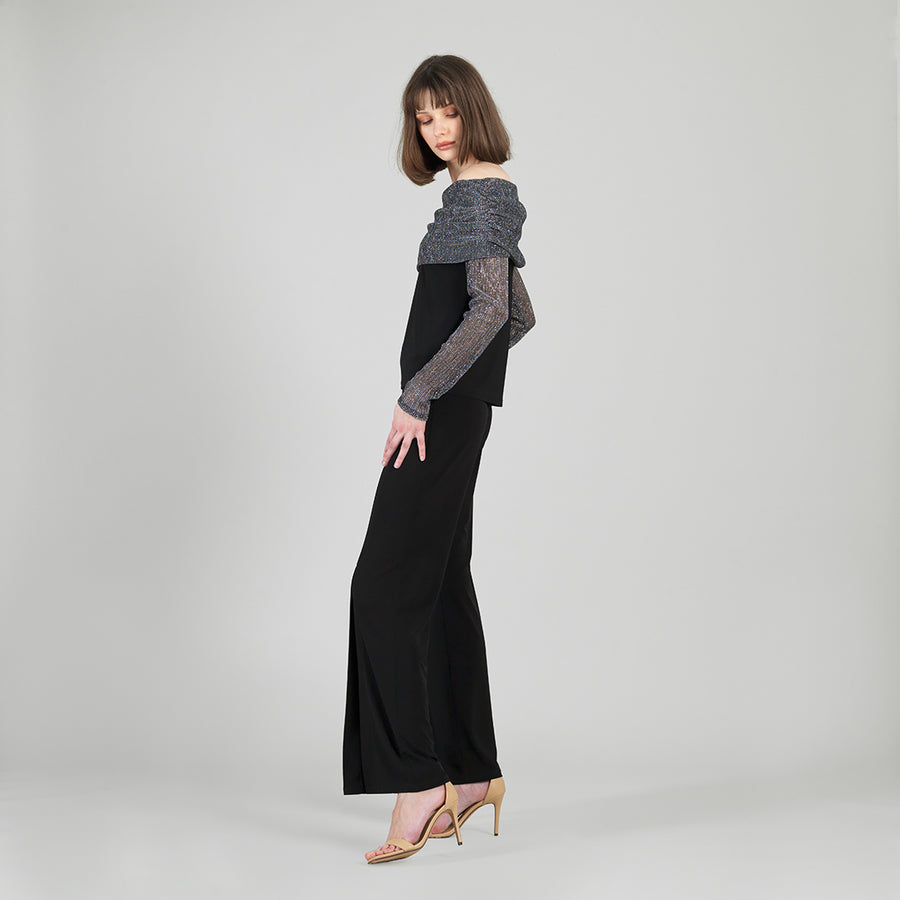 Sheer Shimmer - Ruched Off-Shoulder Top - Silver